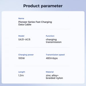 Кабел за зареждане и данни с оплетка JOYROOM Pioneer SA31-AC6 USB Type A към USB Type C 100W 1.2m черен - Img 17