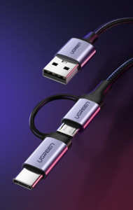 Кабел за зареждане и данни с оплетка UGREEN 2in1 USB Type A към USB Type C / micro USB 2.4A 1m (30875) черен - Img 2