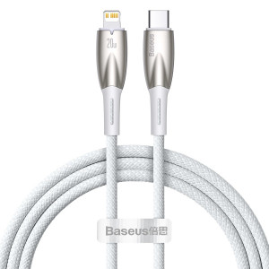 Кабел за зареждане и данни BASEUS Glimmer USB Type C към Lightning с бързо зареждане 480Mb/s Power Delivery 20W 1m бял - Img 1