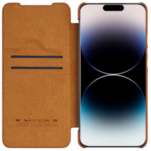 Калъф тип книга от еко кожа с подвижно покритие за камерата NILLKIN Qin Leather Pro - iPhone 14 Pro кафяв - Img 2