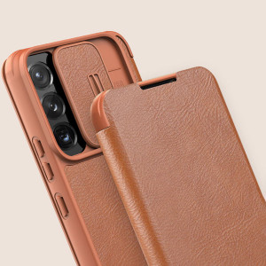 Калъф тип книга от еко кожа с подвижно покритие за камерата NILLKIN Qin Leather Pro - Samsung Galaxy S22 кафяв - Img 12