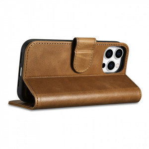 Калъф тип книга от естествена кожа iCARER Oil Wax Wallet 2в1 против кражба - iPhone 14 Pro кафяв - Img 7