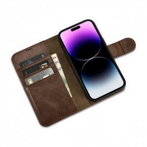 Калъф тип книга от естествена кожа iCARER Oil Wax Wallet 2в1 против кражба - iPhone 14 Pro Max кафяв - Img 9