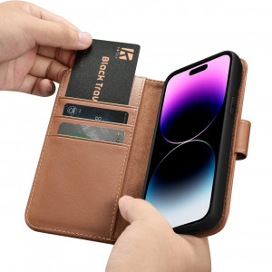 Калъф тип книга iCARER Wallet 2в1 против кражба - iPhone 14 Pro Cover кафяв - Img 16