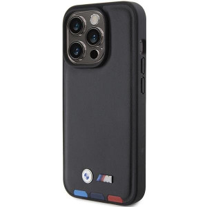 Оригинален гръб от естествена кожа BMW Leather Stamp Tricolor BMHCP15L22PTDK - iPhone 15 Pro черен - Img 2