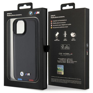 Оригинален гръб от естествена кожа BMW Leather Stamp Tricolor BMHCP15S22PTDK - iPhone 15 черен - Img 8