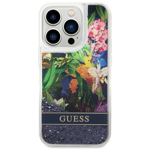 Оригинален гръб GUESS Flower Liquid Glitter GUHCP14LLFLSB - iPhone 14 Pro син - Img 3