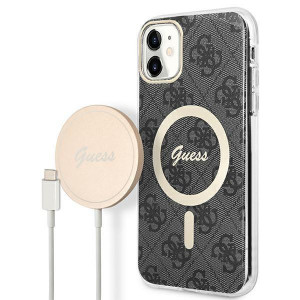 Оригинален комплект GUESS 4G Print (гръб + зарядно) MagSafe GUBPN61H4EACSK - iPhone 11 черен - Img 1