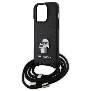 Оригинален твърд гръб с презрамка KARL LAGERFELD Saffiano Metal Pin Karl & Choupette - iPhone 15 Pro черен - Img 5
