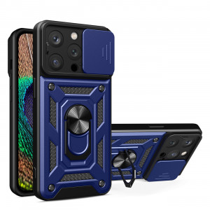 Подсилен гръб Hybrid Armor Camshield с подвижно покритие за камерата и стойка - iPhone 14 Pro Max син - Img 1
