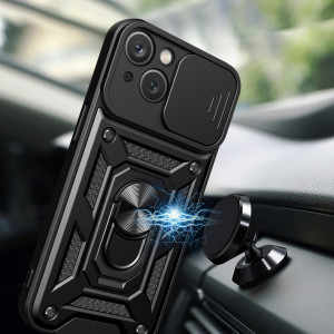 Подсилен гръб Hybrid Armor Camshield с подвижно покритие за камерата и стойка - iPhone 15 Plus черен - Img 3
