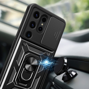 Подсилен гръб Hybrid Armor Camshield с подвижно покритие за камерата и стойка - Samsung Galaxy S24 Ultra черен - Img 5