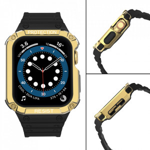 Подсилен калъф за корпус с каишка Protect - Apple Watch 45mm Series 9 / 45mm Series 8 / 45mm Series 7 / 44mm SЕ (2nd gen) / 44mm SE / 44mm Series 6 / 44mm Series 5 / 44mm Series 4 / 42mm Series 3 / 42mm Series 2 черен / златист - Img 4