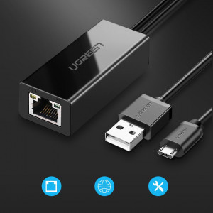 Външен мрежов адаптер за Chromecast UGREEN Micro USB / USB Type A към RJ45 100Mbps 1m (30985) черен - Img 2