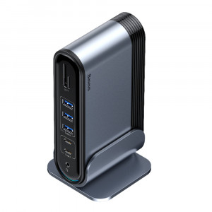 Докинг станция BASEUS 3x USB Type A 3.2 Gen.1 / 2x USB Type A 2.0 / 2x USB Type C / четец за SD и Micro SD карти / мини жак 3.5mm / 3x HDMI / RJ45 1Gbps / USB Tyype C Power Delivery 100W (EU / CN / UK стандарт) (CAHUB-DG0G) сива - Img 5