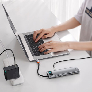 Докинг станция BASEUS Metal Gleam 11в1 USB Type C към 3x USB Type A 3.2 Gen.1 5Gbps / USB Type C Power Delivery 100W / мини жак 3.5mm / VGA Full HD 60Hz / 2x HDMI 4K 30Hz / четец за SD и Micro SD карти / RJ45 1Gbps (CAHUB-CT0G) сива - Img 8