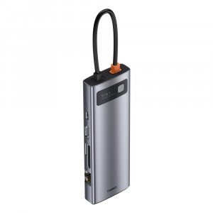Докинг станция BASEUS Metal Gleam 9в1 USB Type C към 3x USB Type A 3.2 Gen.1 5Gbps / USB Type C Power Delivery 100W / VGA Full HD 60Hz / HDMI 4K 30Hz / четец за SD и Micro SD карти / RJ45 1Gbps (CAHUB-CU0G) сива - Img 1