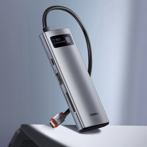 Докинг станция BASEUS Metal Gleam Series 7в1 USB Type C към USB Type C / 2x USB Type A 3.0 / USB Type C Power Delivery / HDMI / четец за SD и Micro SD карти (WKWG020113) сива - Img 12