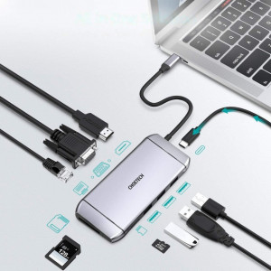 Докинг станция CHOETECH 9в1 USB Type C към 3x USB Type A 3.2 Gen.1 / четец за SD и Micro SD карти / HDMI 4K 30Hz / VGA Full HD 60Hz / USB Type C / RJ45 (HUB-M15) сива - Img 3