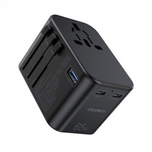 Зарядно за стена (2в1 UK и EU стандарт) CHOETECH GaN 65W USB Type A / 2x USB Type C PD (PD5009-BK) черно - Img 1