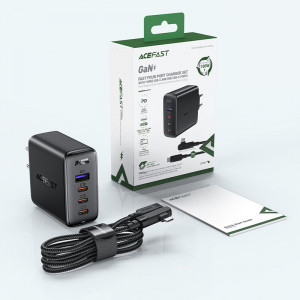 Зарядно за стена ACEFAST GaN 100W USB Type A / 3x USB Type C черен + ъглов кабел USB Type C към USB Type C 2m черно - Img 7