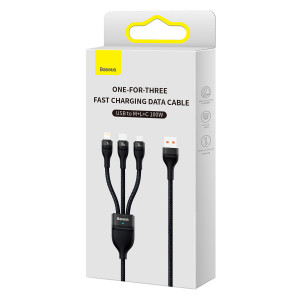 Кабел за зареждане и данни BASEUS Flash II 3in1 USB Type A към USB Type C / Lightning / micro USB с бързо зареждане 100W 1.2m черен - Img 5