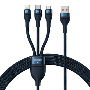 Кабел за зареждане и данни BASEUS Flash II 3in1 USB Type A към USB Type C / Micro USB / Lightning с бързо зареждане 66W 480Mb/s 1.2m син - Img 1