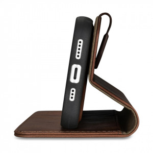 Калъф тип книга от естествена кожа iCARER Oil Wax Wallet 2в1 против кражба - iPhone 14 кафяв - Img 6