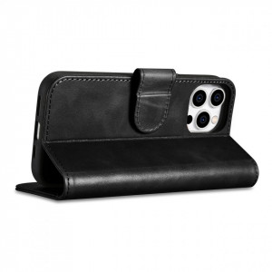 Калъф тип книга от естествена кожа iCARER Oil Wax Wallet 2в1 против кражба - iPhone 14 Pro черен - Img 7