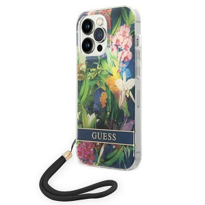 Оригинален гръб с връзка GUESS Flower GUOHCP14LHFLSB - iPhone 14 Pro син - Img 1