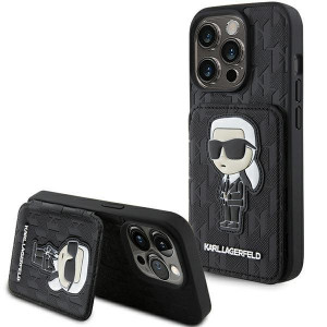 Оригинален гръб KARL LAGERFELD Saffiano Cardslots and Stand Monogram Ikonik Patch - iPhone 15 Pro Max черен