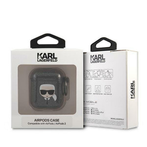 Оригинален калъф за слушалки Karl LAGERFELD Glitter Karl's Head KLA2UKHGK - AirPods 1 / 2 черен - Img 3