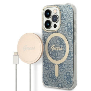 Оригинален комплект GUESS 4G Print (гръб + зарядно) MagSafe GUBPP14LH4EACSB - iPhone 14 Pro син - Img 1
