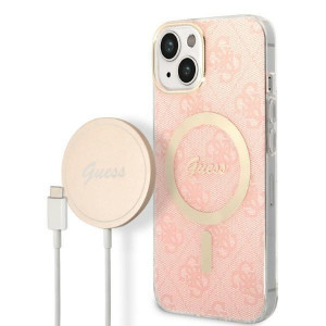 Оригинален комплект GUESS 4G Print (гръб + зарядно) MagSafe GUBPP14MH4EACSP - iPhone 14 Plus розов - Img 1