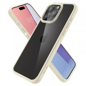 Оригинален прозрачен гръб с цветна рамка SPIGEN Crystal Hybrid - iPhone 15 Pro Max бежов - Img 12