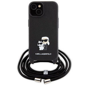 Оригинален твърд гръб с презрамка KARL LAGERFELD Saffiano Metal Pin Karl & Choupette - iPhone 15 черен - Img 2