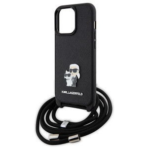 Оригинален твърд гръб с презрамка KARL LAGERFELD Saffiano Metal Pin Karl & Choupette KLHCP13LSAKCPSK case - iPhone 13 Pro черен Crossbody Saffiano Metal Pin Karl & Choupette - Img 5
