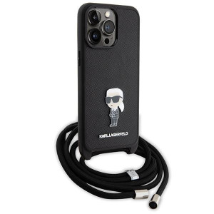 Оригинален твърд гръб с презрамка KARL LAGERFELD Saffiano Monogram Metal Pin Karl & Choupette - iPhone 15 Pro Max черен - Img 3