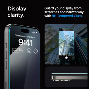 Плосък стъклен протектор SPIGEN TR Ez Fit с инструмент за поставяне - iPhone 15 Pro Max прозрачен - Img 8