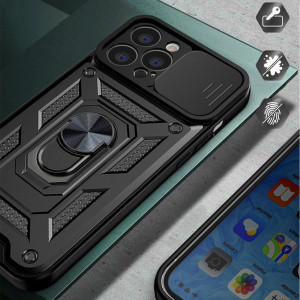 Подсилен гръб Hybrid Armor Camshield с подвижно покритие за камерата и стойка - iPhone 14 Pro черен - Img 6
