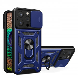Подсилен гръб Hybrid Armor Camshield с подвижно покритие за камерата и стойка - iPhone 15 Pro Max син - Img 1