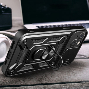 Подсилен гръб Hybrid Armor Camshield с подвижно покритие за камерата и стойка - iPhone 15 Plus черен - Img 4