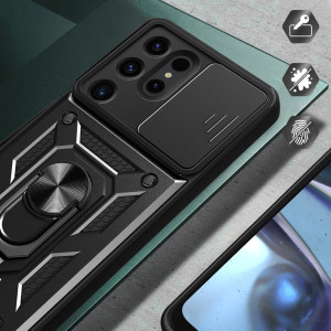 Подсилен гръб Hybrid Armor Camshield с подвижно покритие за камерата и стойка - Samsung Galaxy S24 Ultra черен - Img 6
