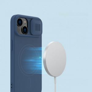 Силиконов гръб с подвижно покритие за камерата NILLKIN CamShield MagSafe - iPhone 14 Plus син - Img 10