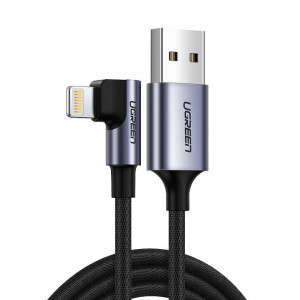 90° кабел за зареждане и данни UGREEN USB Type A към Lightning MFi 1m 2.4A черен (60521) - Img 1