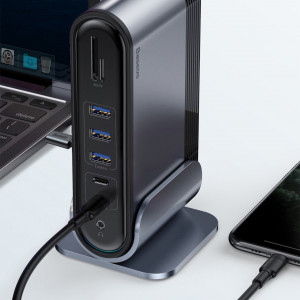 Докинг станция BASEUS 3x USB Type A 3.2 Gen.1 / 2x USB Type A 2.0 / 2x USB Type C / четец за SD и Micro SD карти / мини жак 3.5mm / 3x HDMI / RJ45 1Gbps / USB Tyype C Power Delivery 100W (EU / CN / UK стандарт) (CAHUB-DG0G) сива - Img 20