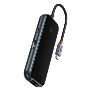 Докинг станция BASEUS AcmeJoy USB Type C към USB Type C Power Delivery & Data / 2x USB Type A 3.0 / USB Type A 2.0 / HDMI / RJ45 (WKJZ010013) тъмносива - Img 8