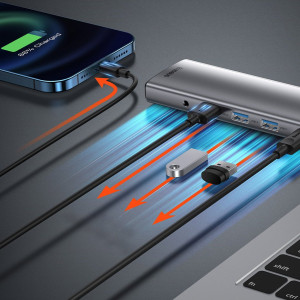 Докинг станция BASEUS Metal Gleam 11в1 USB Type C към 3x USB Type A 3.2 Gen.1 5Gbps / USB Type C Power Delivery 100W / мини жак 3.5mm / VGA Full HD 60Hz / 2x HDMI 4K 30Hz / четец за SD и Micro SD карти / RJ45 1Gbps (CAHUB-CT0G) сива - Img 14