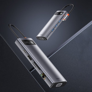 Докинг станция BASEUS Metal Gleam 9в1 USB Type C към 3x USB Type A 3.2 Gen.1 5Gbps / USB Type C Power Delivery 100W / VGA Full HD 60Hz / HDMI 4K 30Hz / четец за SD и Micro SD карти / RJ45 1Gbps (CAHUB-CU0G) сива - Img 13