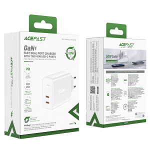 Зарядно за стена ACEFAST GaN 50W 2x USB Type C PD QC3.0 AFC FCP (A29) бяло - Img 5